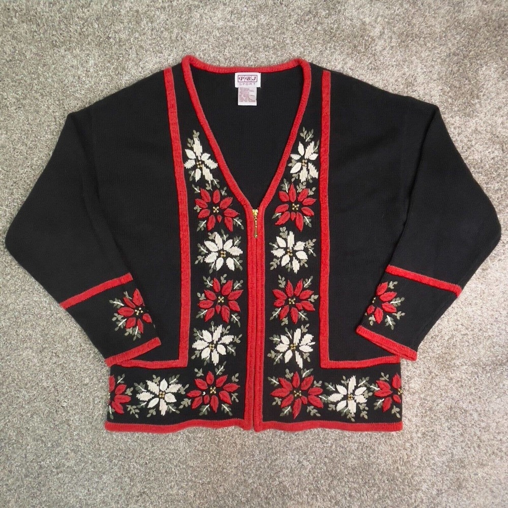 PBJ Sport Large Poinsettia Christmas Holiday Sweater Black Red V Neck Front Zip
